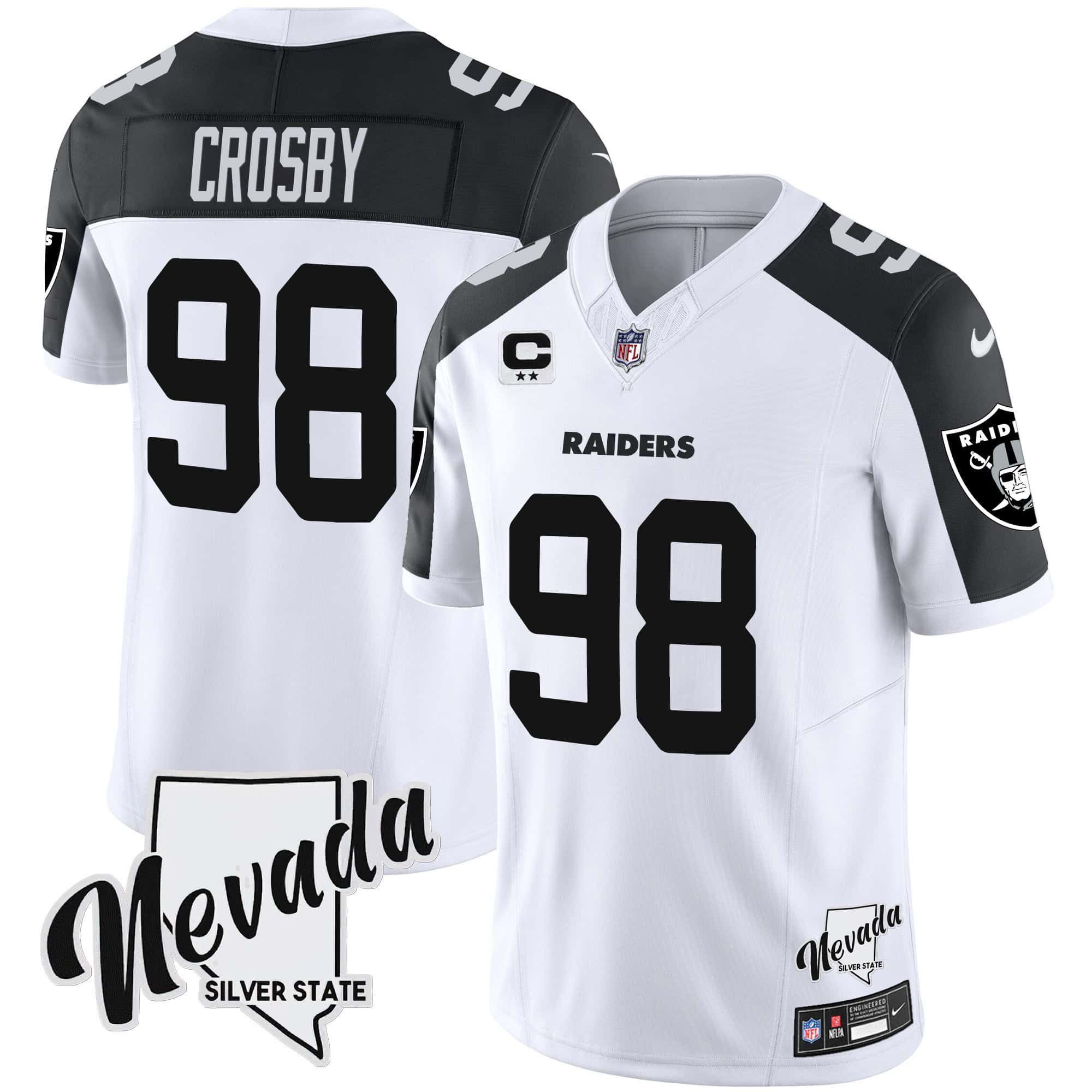 Men Oakland Raiders #98 Crosby White 2024 Nike Nevada Silver State Patch Vapor NFL Jersey style 1